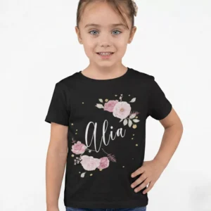 Black 100 percent cotton kids T shirt with floral rose design and custom name print