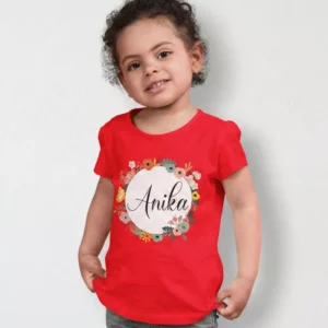 Child wearing red personalized cotton T shirt with floral name print