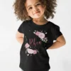 Black cotton kids T shirt with pink floral rose design and custom name print
