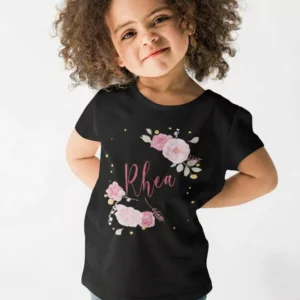 Black cotton kids T shirt with pink floral rose design and custom name print