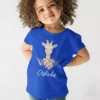 Blue cotton kids T shirt with floral giraffe design and custom name print