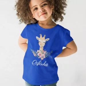 Blue cotton kids T shirt with floral giraffe design and custom name print