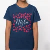 Navy blue kids cotton T shirt with red heart pattern and custom name print