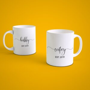 Personalized Hubby Wifey couple coffee mug set with custom established year printed on white ceramic mugs for wedding and anniversary gifts