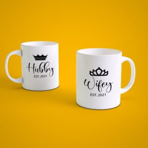 Personalized Hubby Wifey couple mug set with custom year crown design wedding anniversary gift for husband and wife ceramic coffee mugs