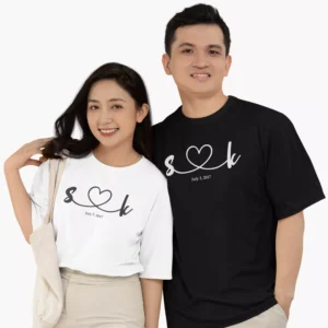 Personalized couple t shirts with initials and date heart line matching black and white couple tshirt design
