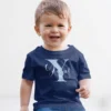 Child wearing navy blue personalized initial name cotton kids T shirt with custom monogram print