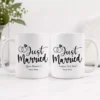 Personalized Just Married couple coffee mug set with custom names and wedding date, designed as a bride and groom wedding gift.