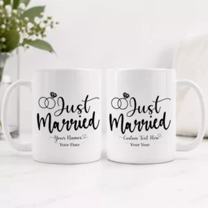 Personalized Just Married couple coffee mug set with custom names and wedding date, designed as a bride and groom wedding gift.