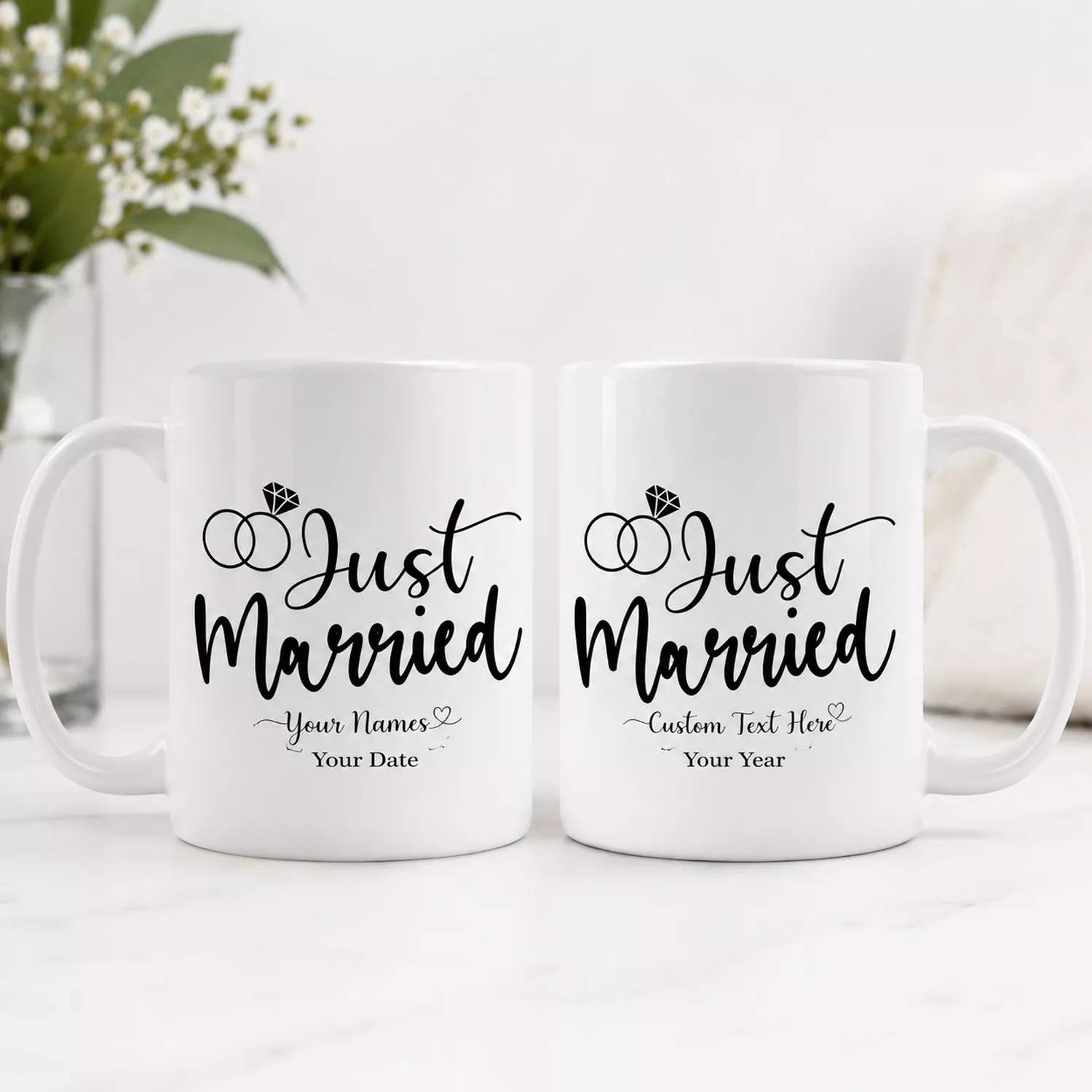 Personalized Just Married couple coffee mug set with custom names and wedding date, designed as a bride and groom wedding gift.