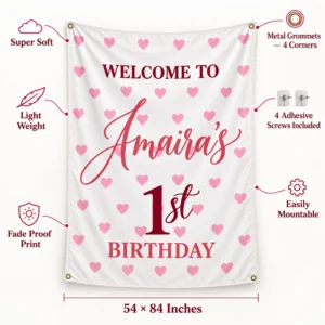 Personalized kids birthday tapestry banner with Amaira’s 1st birthday design and callouts for soft fabric, lightweight construction, four grommets and 54 by 84 inch size.
