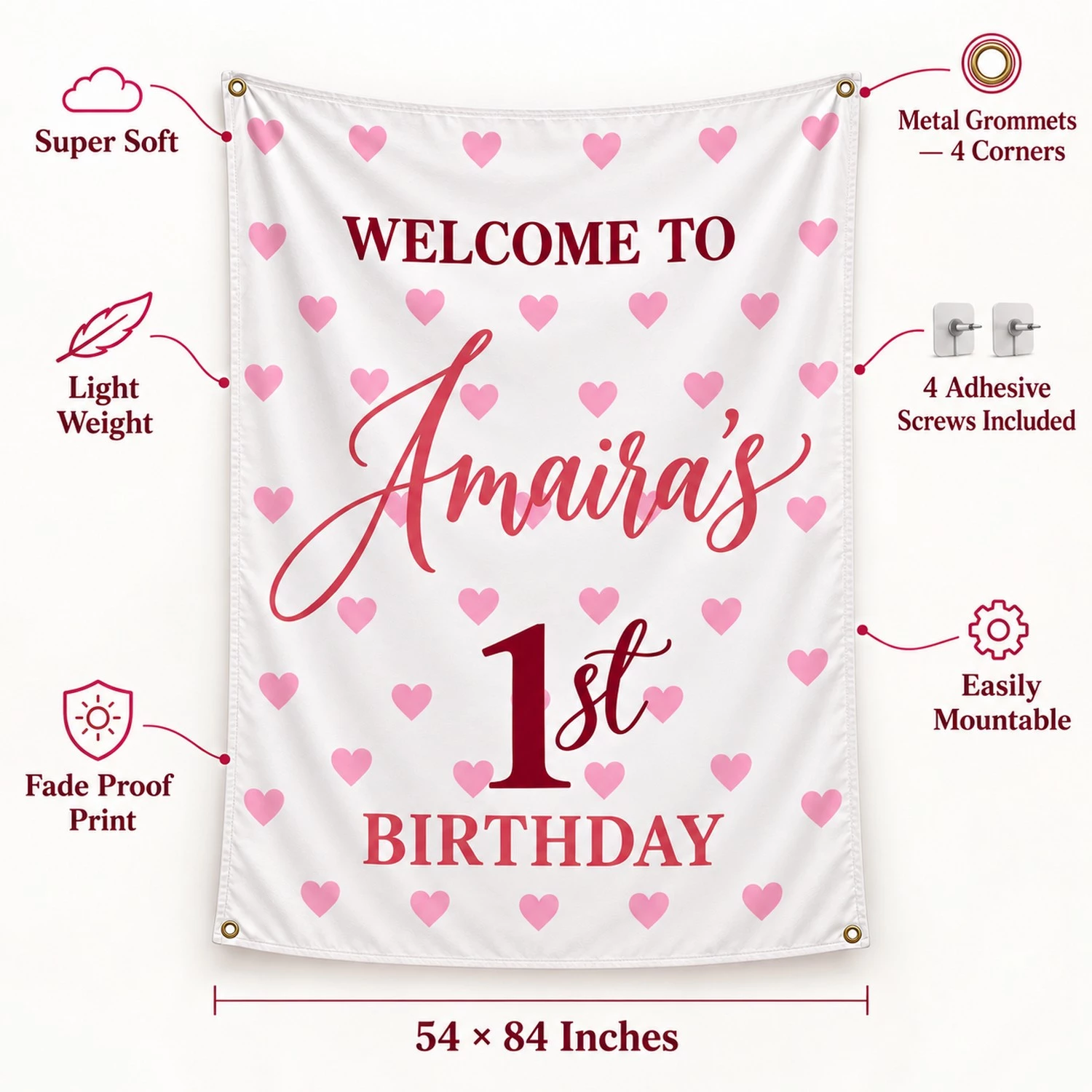 Personalized kids birthday tapestry banner with Amaira’s 1st birthday design and callouts for soft fabric, lightweight construction, four grommets and 54 by 84 inch size.