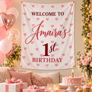 Personalized kids birthday tapestry banner with Amaira’s 1st birthday design displayed in a pink birthday setup with balloons, gifts, flowers and cake.