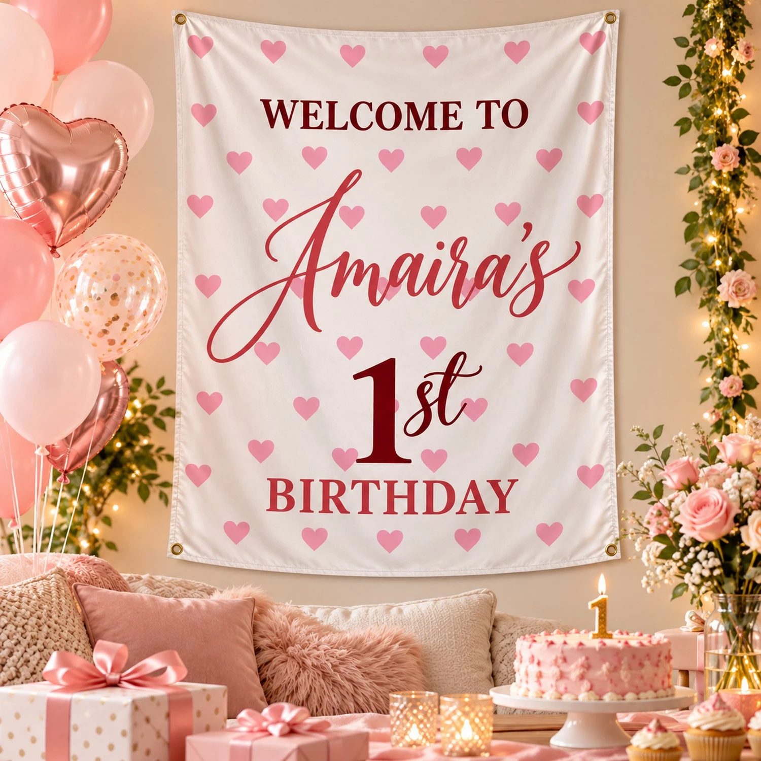Personalized kids birthday tapestry banner with Amaira’s 1st birthday design displayed in a pink birthday setup with balloons, gifts, flowers and cake.
