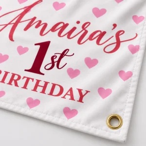 Close-up of a personalized kids birthday tapestry banner corner showing a gold metal grommet, white fabric texture, pink hearts and birthday print.