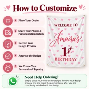 How to customize guide for a personalized kids birthday tapestry banner with five ordering steps, Amaira’s birthday tapestry preview and WhatsApp ordering assistance.