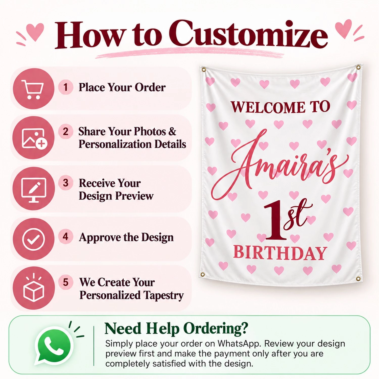 How to customize guide for a personalized kids birthday tapestry banner with five ordering steps, Amaira’s birthday tapestry preview and WhatsApp ordering assistance.