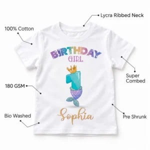 White personalized birthday girl T-shirt with Sophia mermaid print and specification callouts for 180 GSM, 100% Cotton, Super Combed, Pre Shrunk, Bio Washed, and Lycra Ribbed Neck.