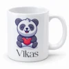 Personalized kids coffee mug featuring a cute panda holding a red heart with the name Vikas printed below on a white mug.