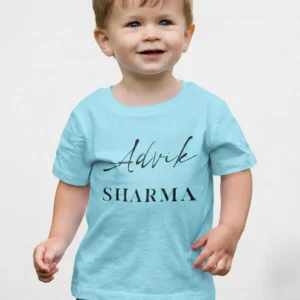 Child wearing light blue personalized cotton T shirt with custom name print in premium finish