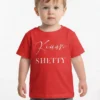 Red personalized kids cotton T shirt with custom name print in premium white typography