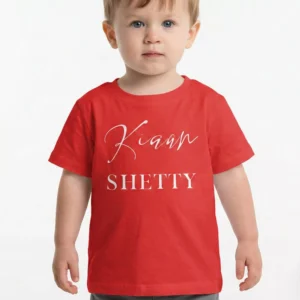 Red personalized kids cotton T shirt with custom name print in premium white typography
