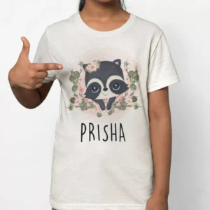 Child wearing personalized cotton T shirt with raccoon illustration and custom name print