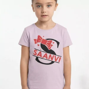 Lavender cotton kids T shirt with custom name Saanvi and initial letter design