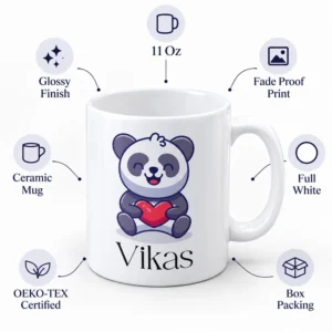Personalized 11 oz kids panda mug with the name Vikas surrounded by feature labels for glossy finish, fade proof print, ceramic mug, full white, OEKO-TEX certified and box packing.