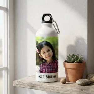 Custom kids aluminium water bottle with photo and name printed, personalized school sipper bottle for boys and girls in India