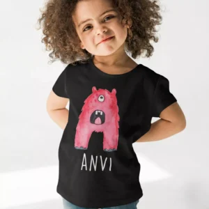 Black cotton kids T shirt with pink monster print and custom name ANVI printed below