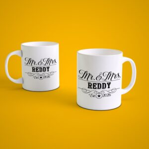 Personalized Mr and Mrs couple coffee mug set with custom surname and year printed design, ideal wedding or anniversary gift for newly married couples in India