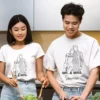 Couple wearing personalized Mr and Mrs T-shirts with minimal line art design and custom surname print in a kitchen setting
