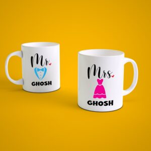 Personalized Mr and Mrs couple coffee mug set with custom surname wedding gift ceramic mugs for husband and wife