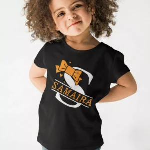 Black cotton kids T shirt with personalized name and initial bow print design