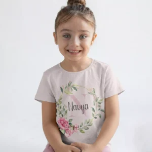 Custom floral wreath kids cotton T shirt with personalized name printed on 180 GSM fabric