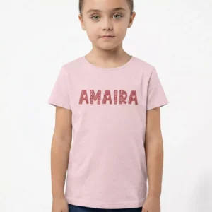 Light pink 100 percent cotton kids T shirt with personalized name print on front