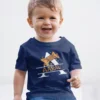 Child wearing navy blue personalized cotton T shirt with initial A and custom name Aarav print