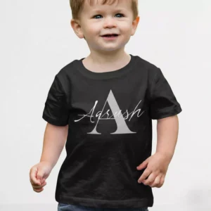 Black personalized kids cotton T shirt with large initial A and custom name print in white