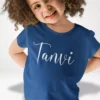 Blue personalized cotton T shirt with custom name printed in white script font