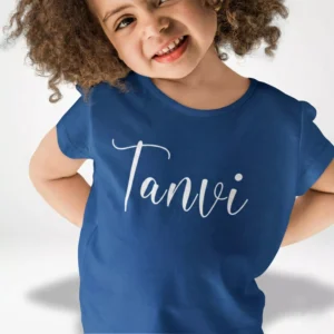 Blue personalized cotton T shirt with custom name printed in white script font