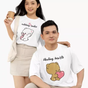 Personalized oversized couple t shirts with cute bear design matching romantic t shirts for boyfriend and girlfriend