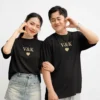 Personalized oversized couple t shirts with custom initials and heart design matching black couple tees for anniversary or valentines gift