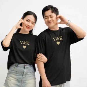 Personalized oversized couple t shirts with custom initials and heart design matching black couple tees for anniversary or valentines gift