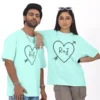 Personalized oversized couple T-shirts with custom initials heart design matching mint green tees for couples anniversary or Valentine gift