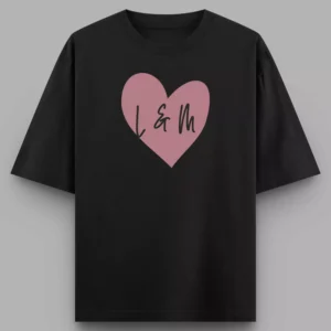 Alternative view of Personalized Oversized Couple T-Shirts with Initials & Heart | Custom Matching Tees for Anniversary & Valentine