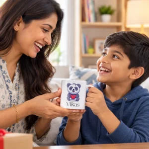 Mother and young boy smiling together while holding a personalized panda mug with a red heart and the name Vikas.