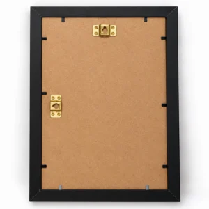 Rear view of a black personalized photo frame showing the brown backing board, retaining clips, and metal wall-hanging hardware.