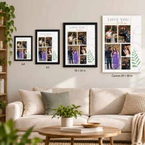 Personalized couple photo collage displayed on a living room wall in A4, A3 and 18 x 24 inch framed sizes with a 20 x 30 inch canvas shown alongside.