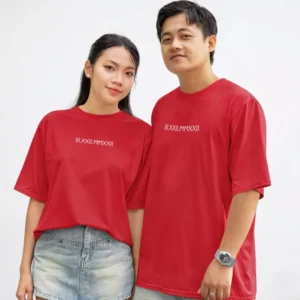 Personalized oversized couple T-shirts with Roman numeral date print matching red couple tees for boyfriend and girlfriend